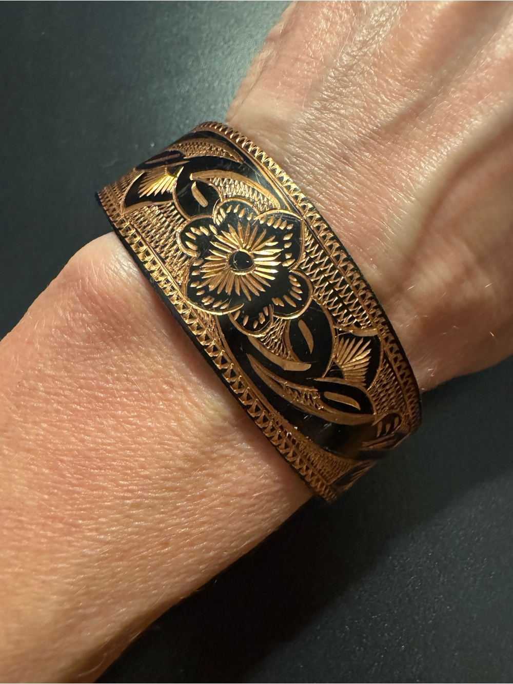 Engraved Copper Black Damascene Style Floral Cuff Bracelet - 2.75”